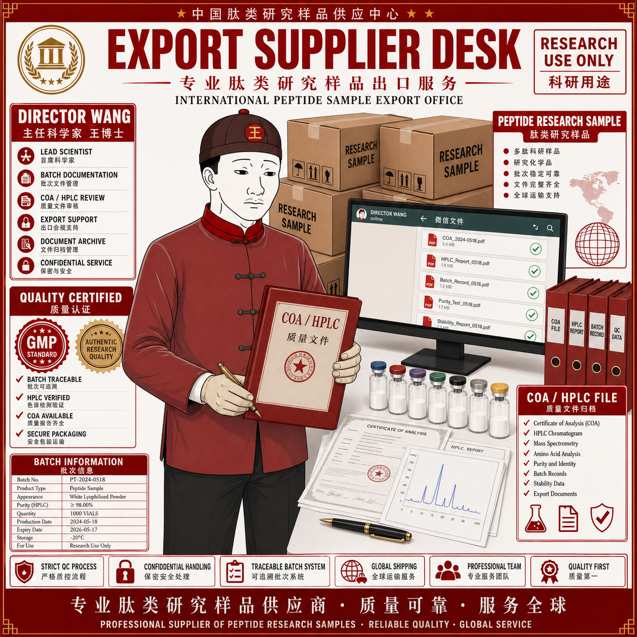 Director Wang export supplier desk poster with research cartons, monitor, and COA files